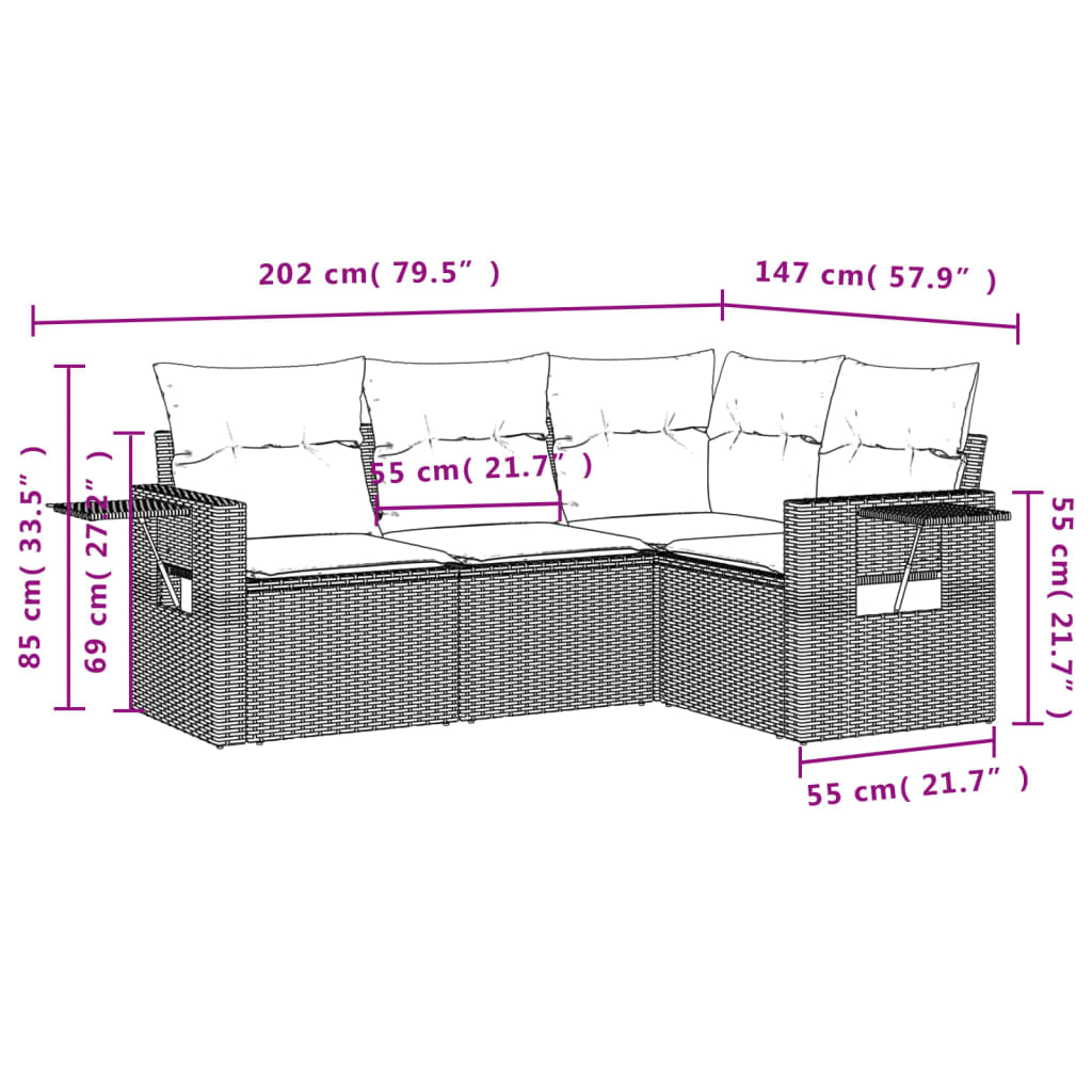 vidaXL 4-tlg. Garten-Sofagarnitur mit Kissen Schwarz Poly Rattan