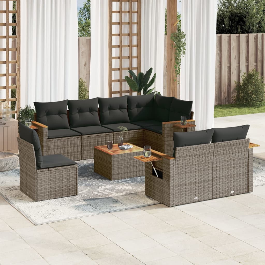 vidaXL 9-tlg. Garten-Sofagarnitur mit Kissen Grau Poly Rattan