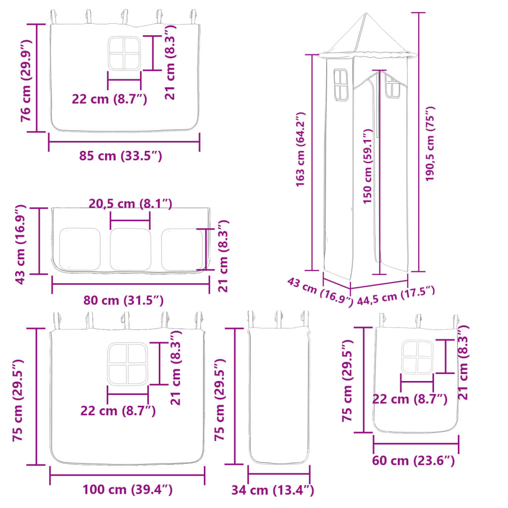 vidaXL Etagenbett mit Rutsche und Gardinen Rosa 90x200 cm