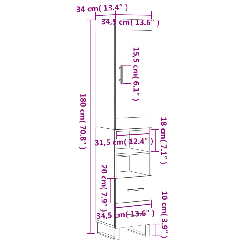 vidaXL Highboard Weiß 34,5x34x180 cm Holzwerkstoff