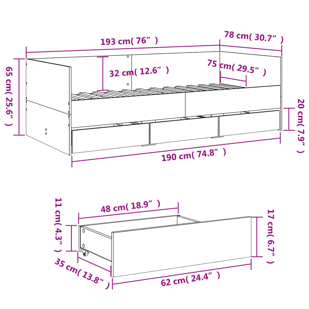 vidaXL Tagesbett mit Schubladen ohne Matratze 75x190 cm