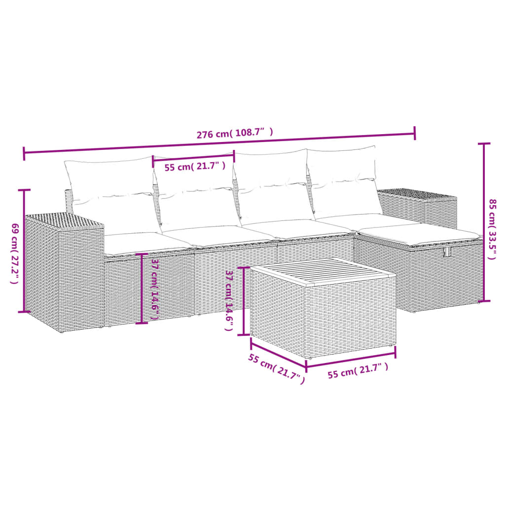 vidaXL 6-tlg. Garten-Sofagarnitur mit Kissen Beige Poly Rattan