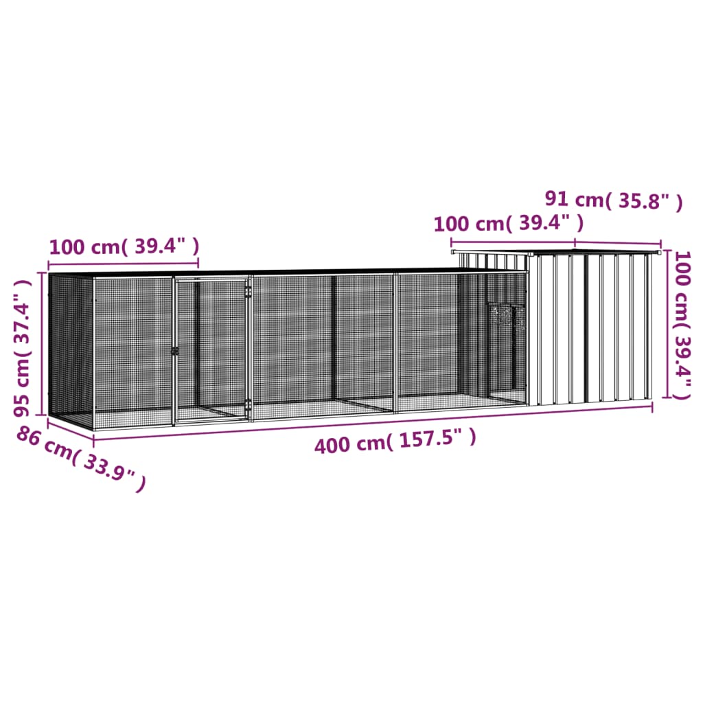 vidaXL Hühnerkäfig Anthrazit 400x91x100 cm Verzinkter Stahl