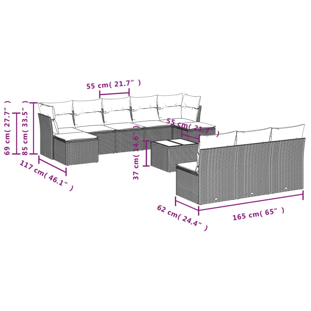 vidaXL 11-tlg. Garten-Sofagarnitur mit Kissen Schwarz Poly Rattan