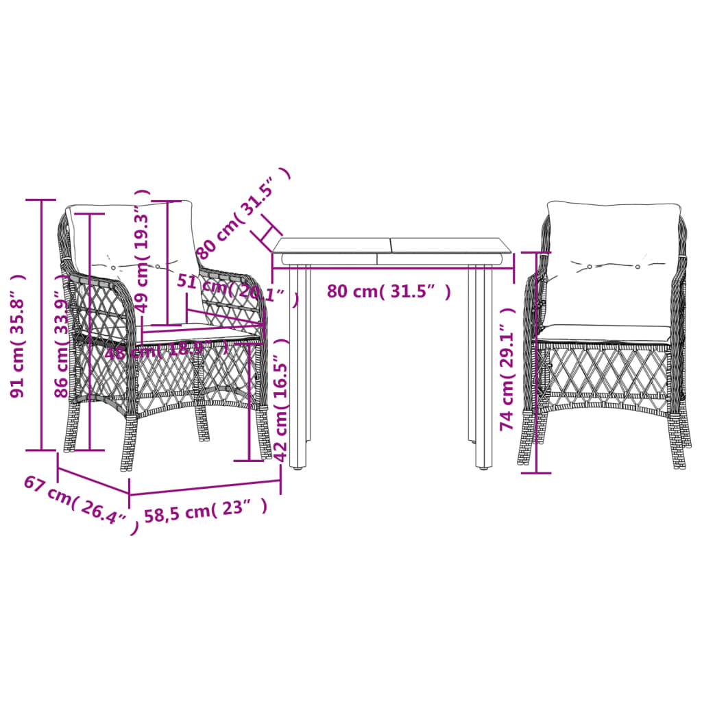 vidaXL 3-tlg. Bistro-Set mit Kissen Schwarz Poly Rattan