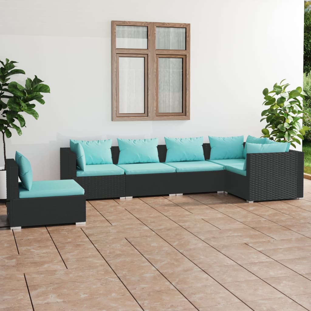 vidaXL 6-tlg. Garten-Lounge-Set mit Kissen Poly Rattan Schwarz