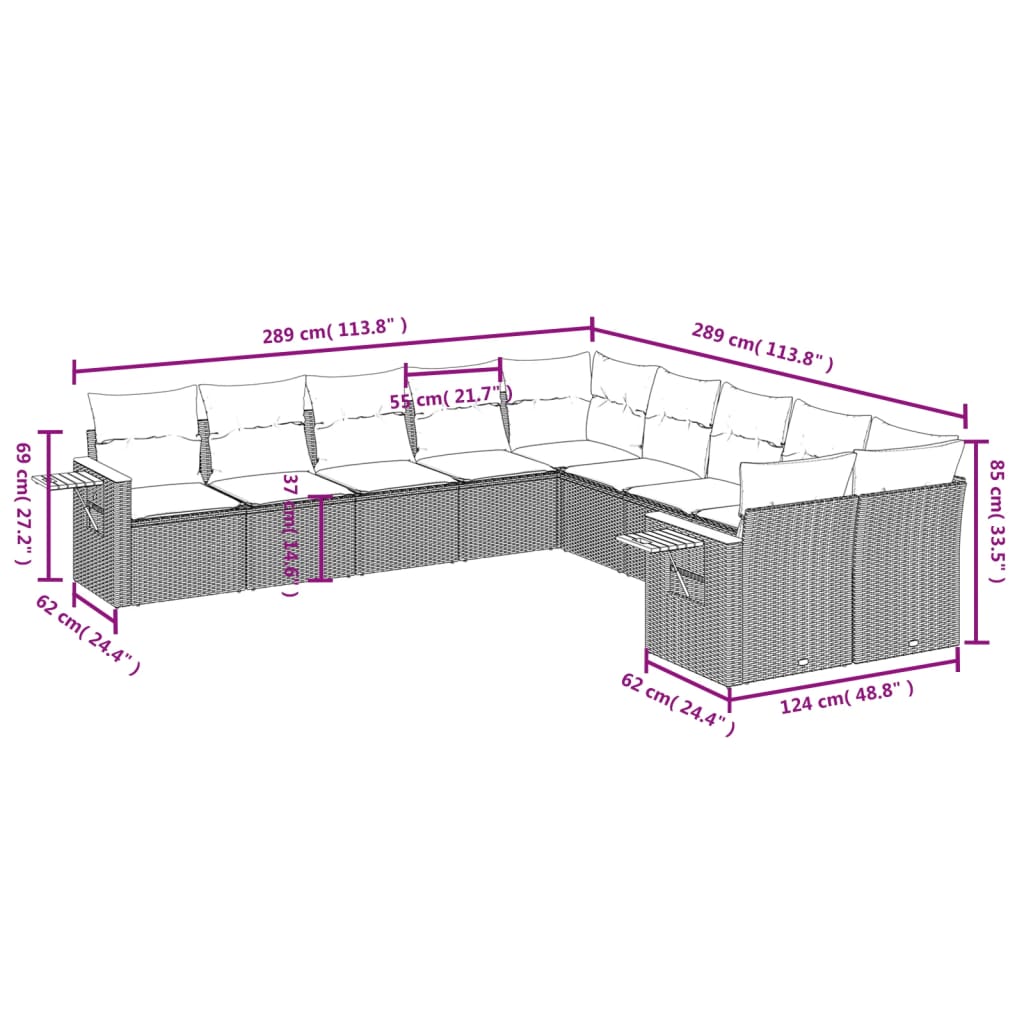 vidaXL 10-tlg. Garten-Sofagarnitur mit Kissen Grau Poly Rattan