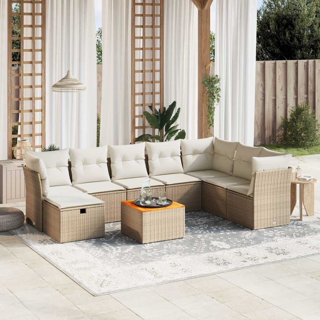 vidaXL 9-tlg. Garten-Sofagarnitur mit Kissen Beige Poly Rattan