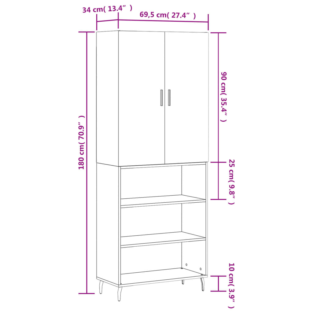 vidaXL Highboard Braun Eichen-Optik 69,5x34x180 cm Holzwerkstoff