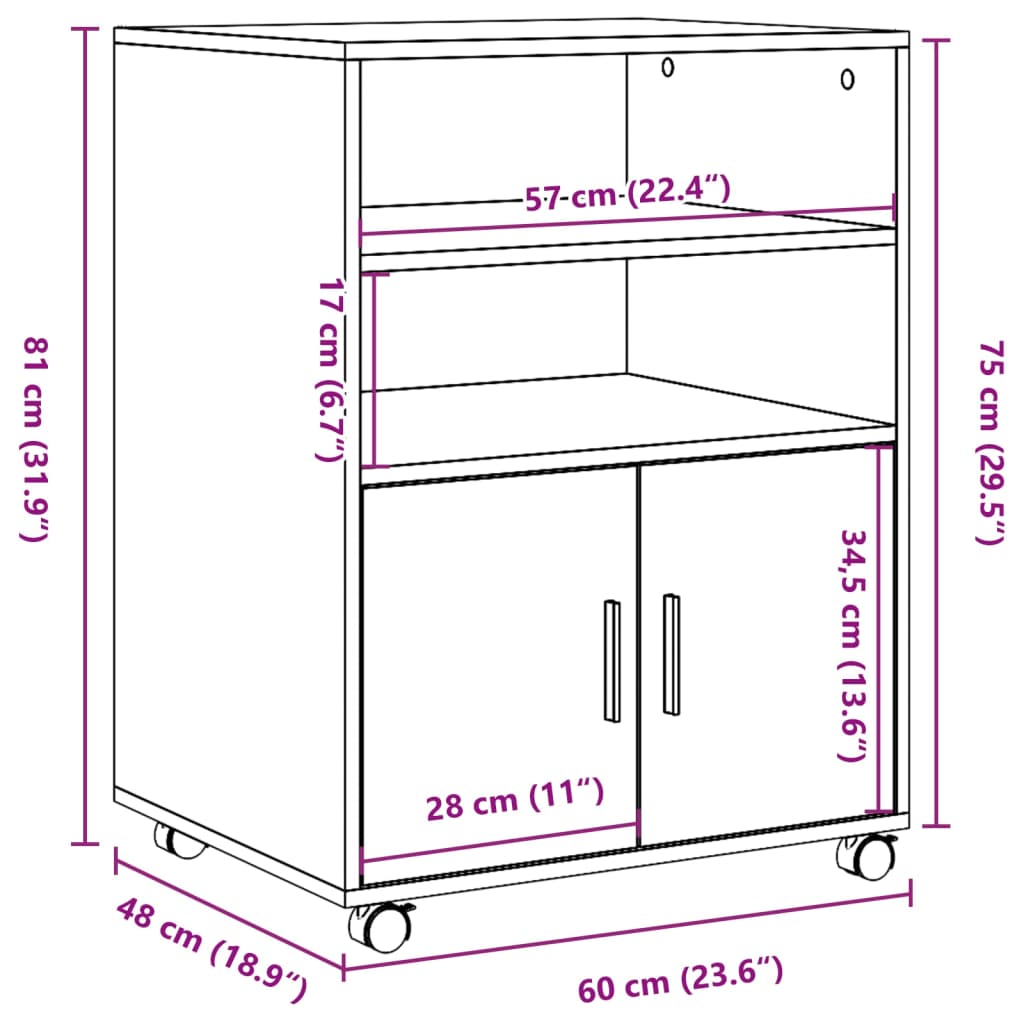 vidaXL Rollschrank Grau Sonoma 60x48x81 cm Holzwerkstoff