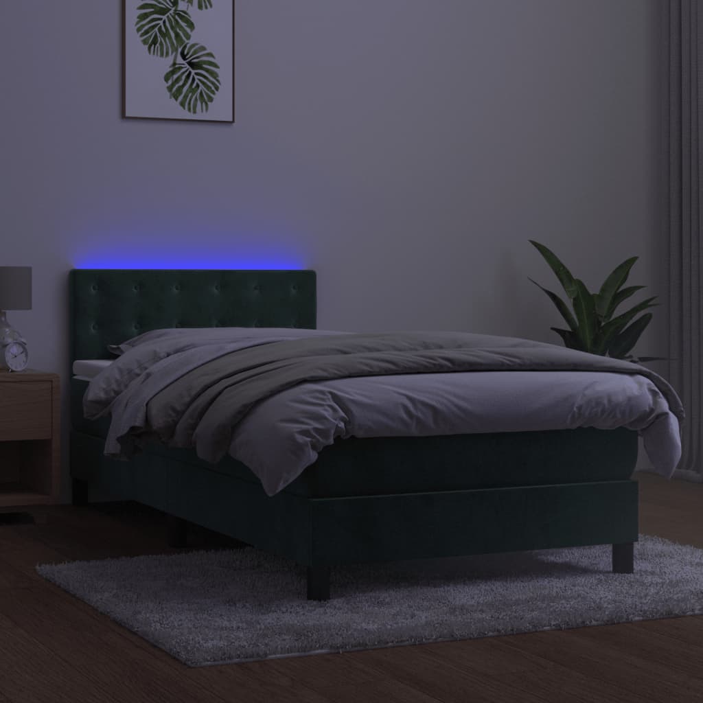 vidaXL Boxspringbett mit Matratze & LED Dunkelgrün 90x200 cm Samt