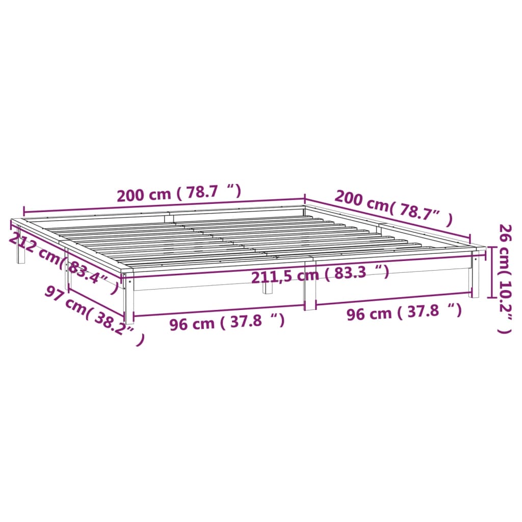 vidaXL Massivholzbett mit LED-Beleuchtung Schwarz 200x200 cm