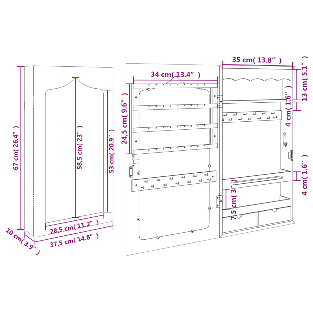 vidaXL Schmuckschrank mit Spiegel Wandmontage Weiß 37,5x10x67 cm