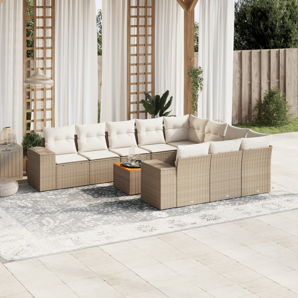 vidaXL 11-tlg. Garten-Sofagarnitur mit Kissen Beige Poly Rattan