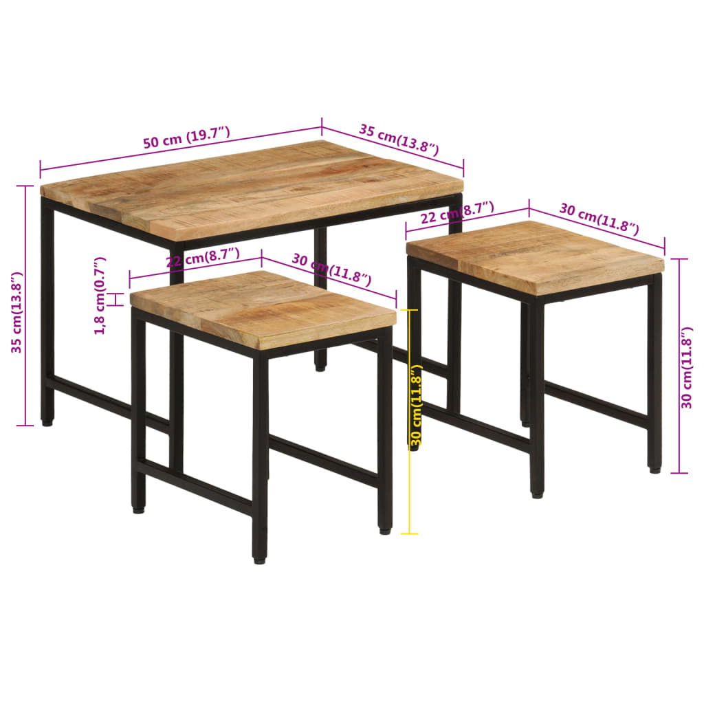 vidaXL Satztische 3 Stk. Raues Massivholz Mango und Eisen