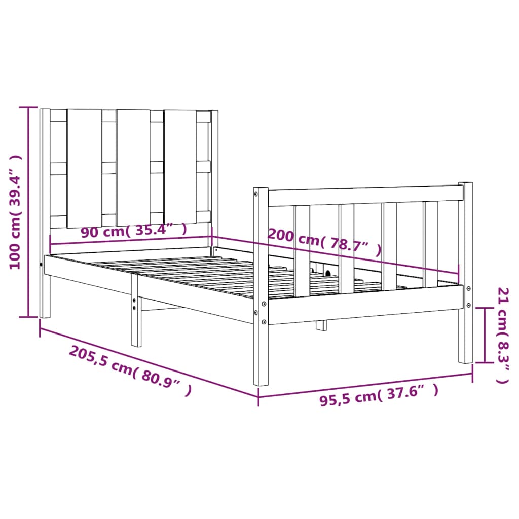 vidaXL Massivholzbett mit Kopfteil 90x200 cm