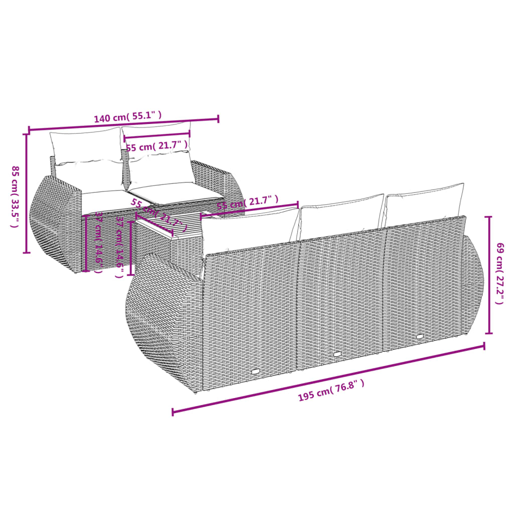 vidaXL 6-tlg. Garten-Sofagarnitur mit Kissen Schwarz Poly Rattan