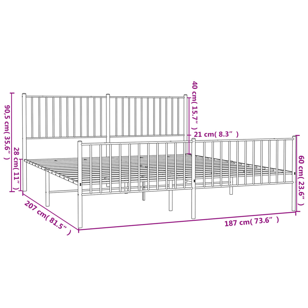 vidaXL Metallbett ohne Matratze mit Fußteil Schwarz 180x200 cm