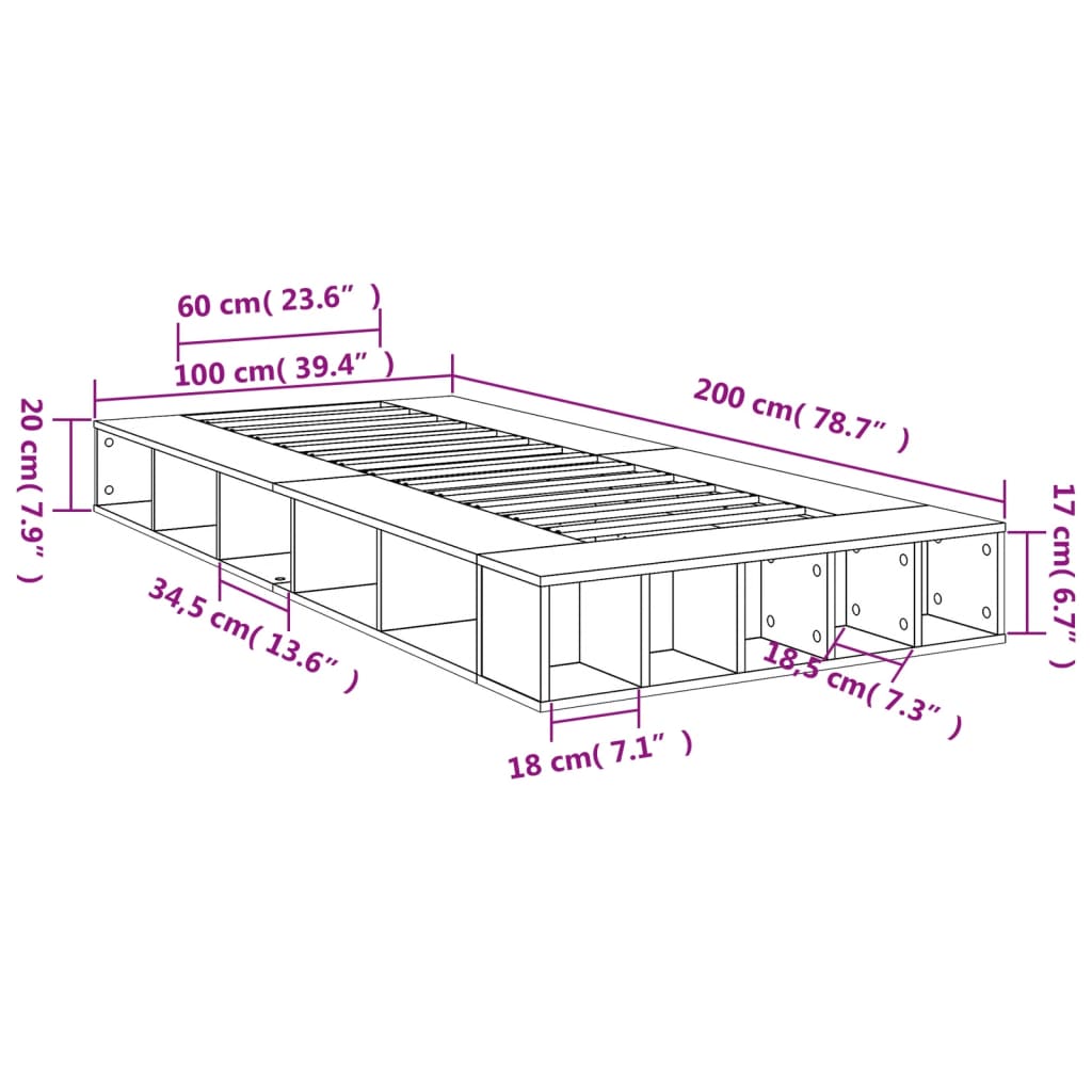 vidaXL Bettgestell Grau Sonoma 100x200 cm Holzwerkstoff