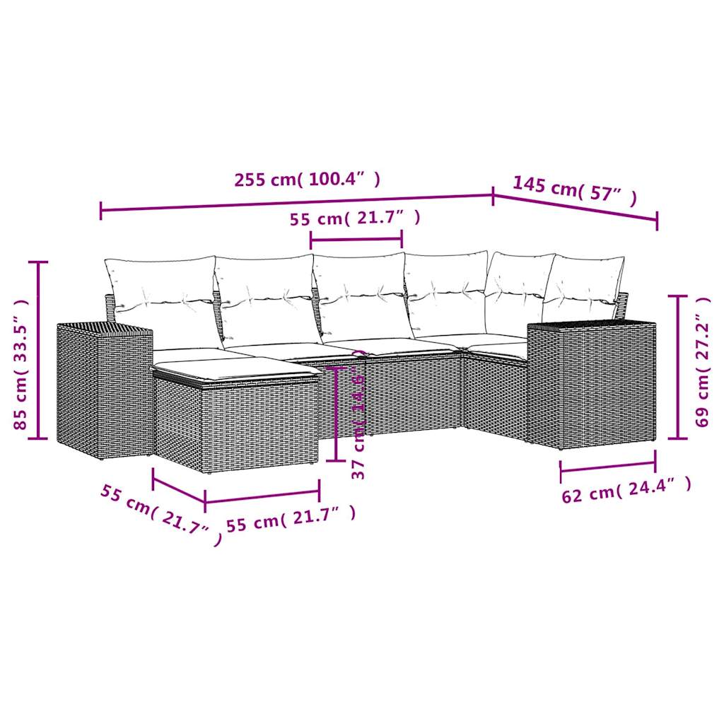 vidaXL 6-tlg. Garten-Sofagarnitur mit Kissen Hellgrau Poly Rattan