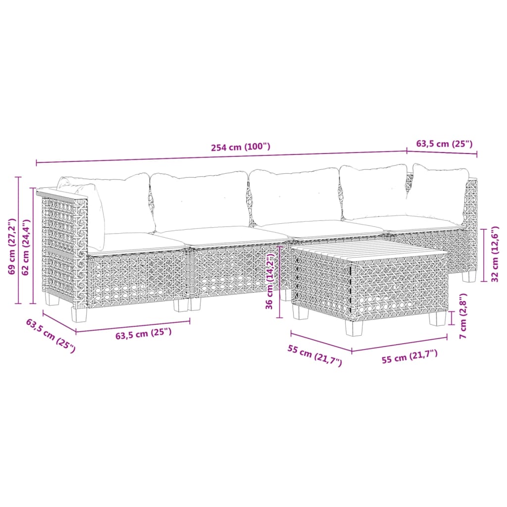 vidaXL 5-tlg. Garten-Sofagarnitur mit Kissen Schwarz Poly Rattan