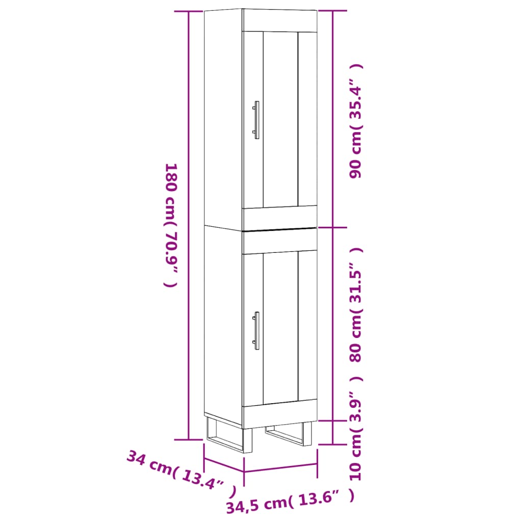 vidaXL Highboard Grau Sonoma 34,5x34x180 cm Holzwerkstoff