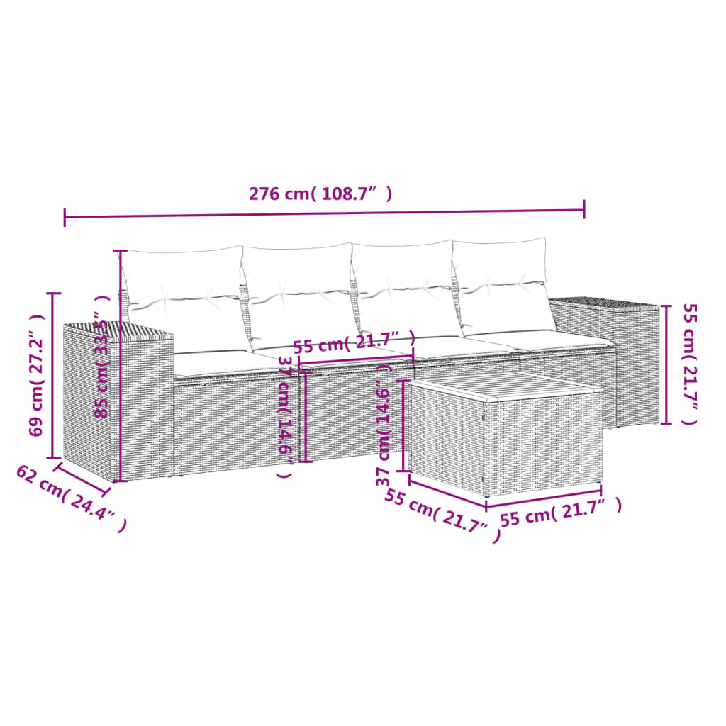 vidaXL 5-tlg. Garten-Sofagarnitur mit Kissen Beige Poly Rattan