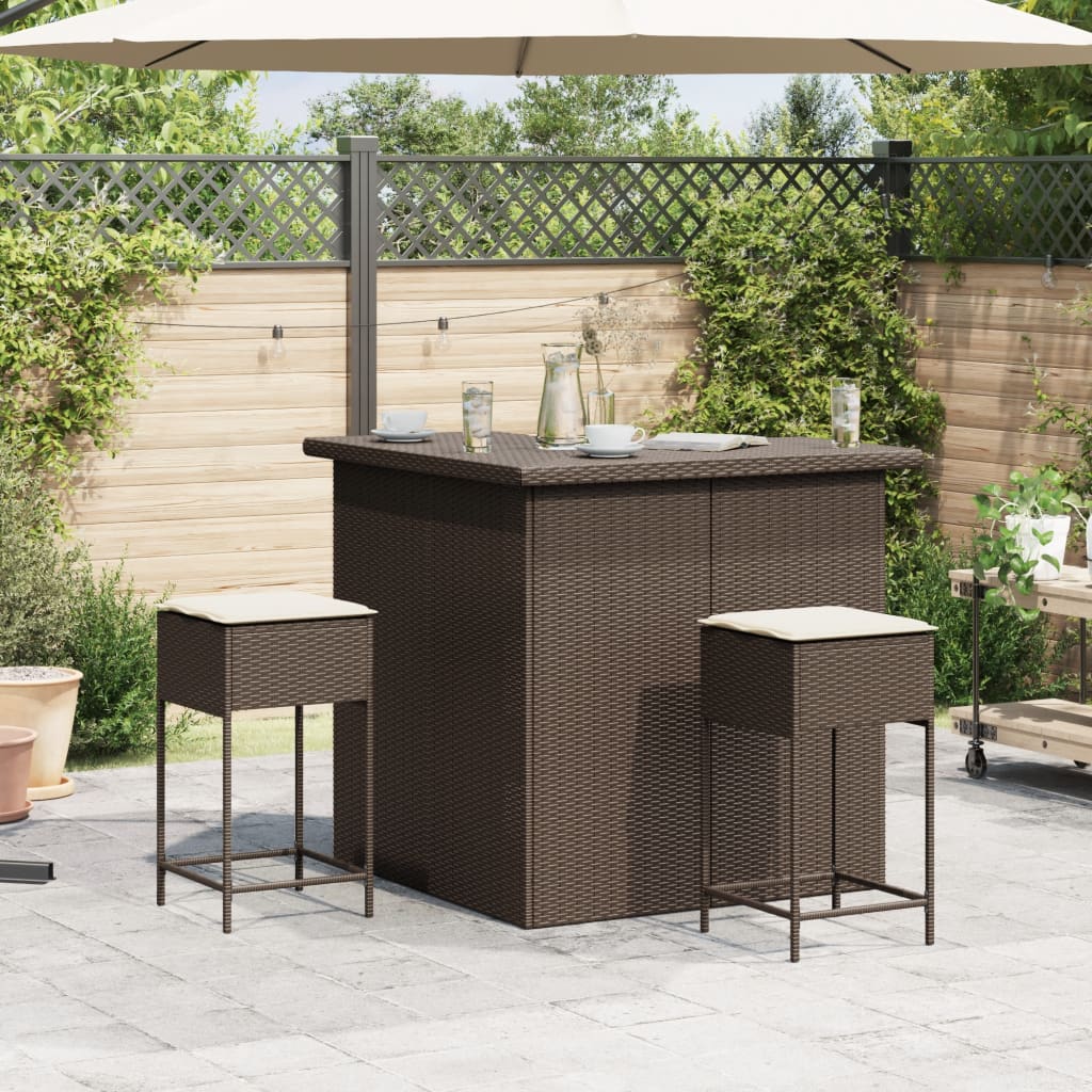 vidaXL 3-tlg. Gartenbar-Set mit Kissen Braun Poly Rattan