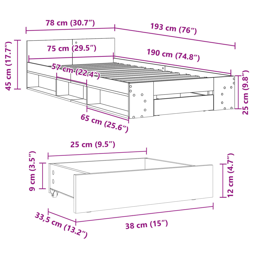 vidaXL Bettgestell mit Schublade Braun Eiche 75x190 cm Holzwerkstoff