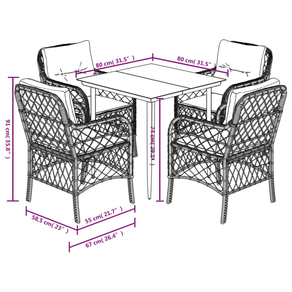 vidaXL 5-tlg. Garten-Essgruppe mit Kissen Schwarz Poly Rattan