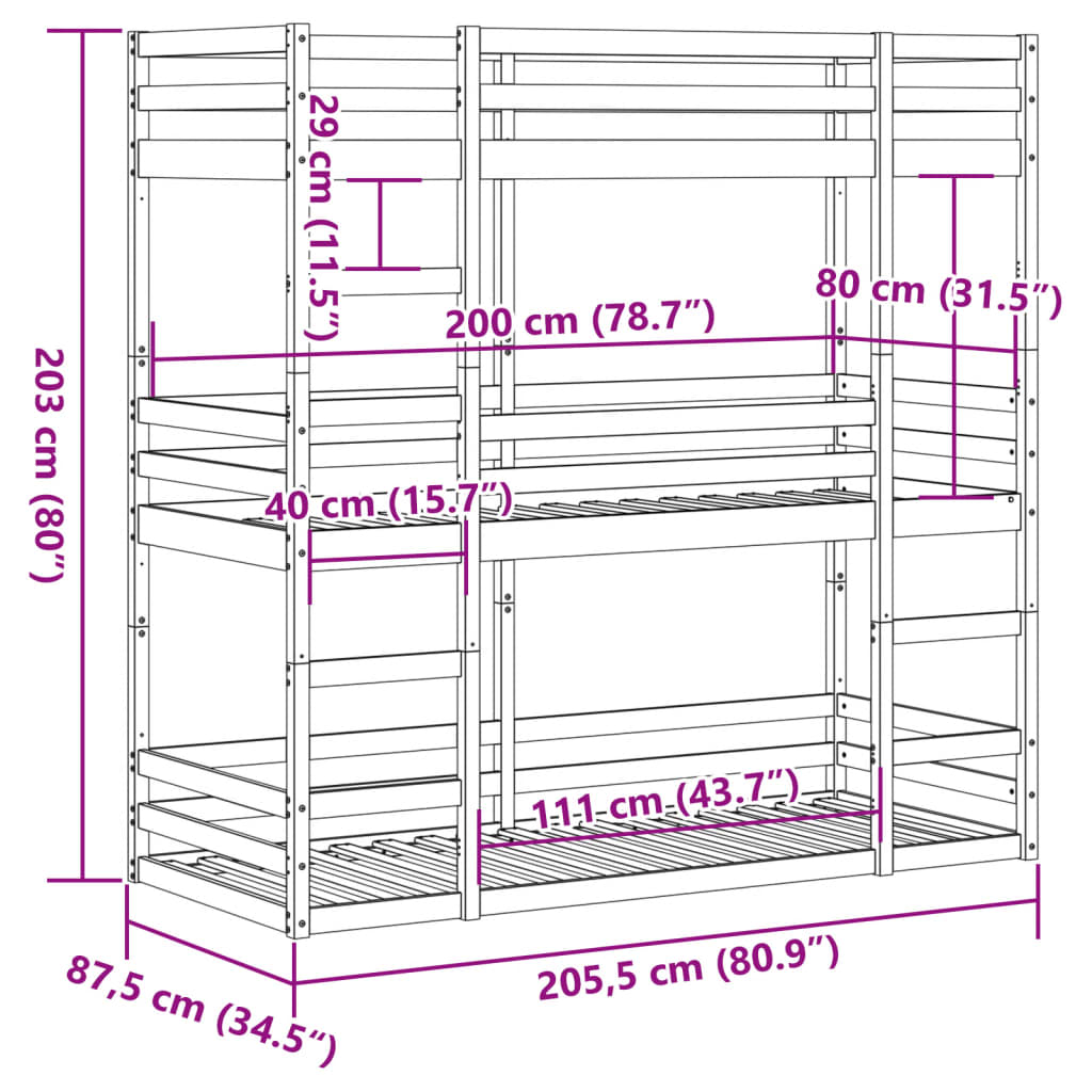 vidaXL Dreifach-Etagenbett 80x200 cm Massivholz Kiefer