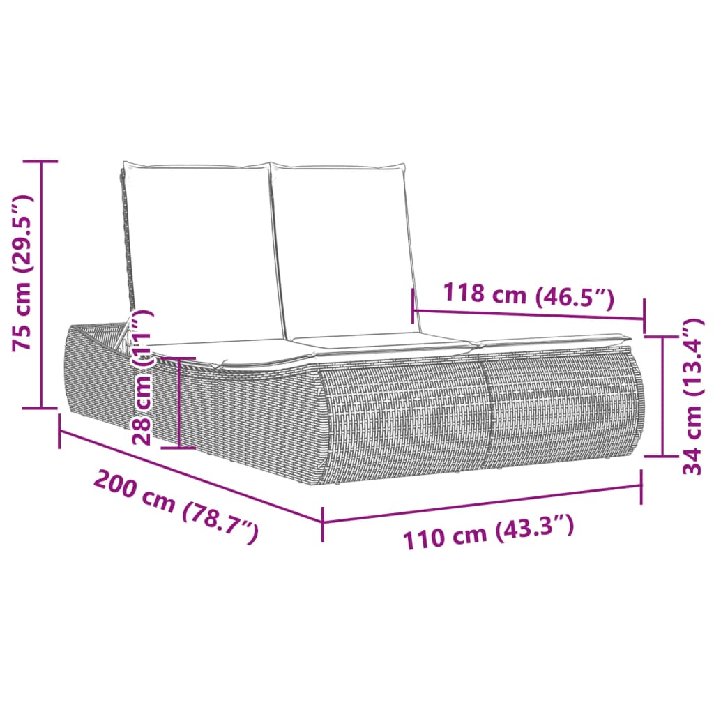 vidaXL Doppel-Sonnenliege mit Kissen Hellgrau Poly Rattan