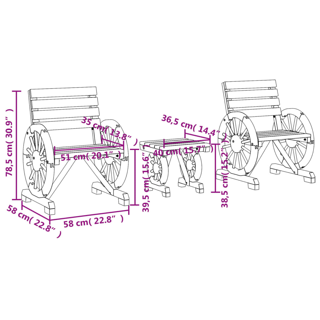 vidaXL 3-tlg. Garten-Lounge-Set Massivholz Tanne