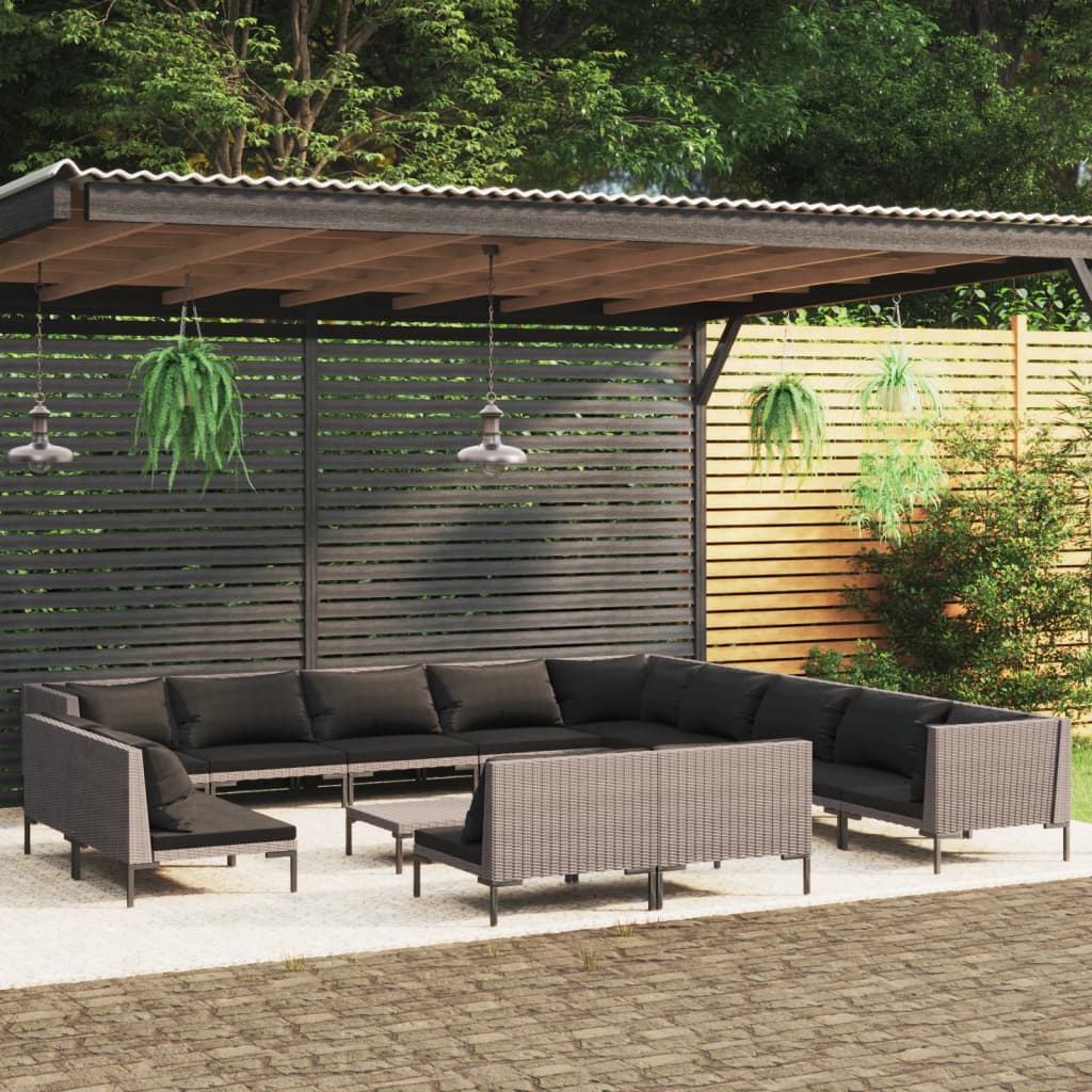 vidaXL 14-tlg. Garten-Lounge-Set mit Kissen Poly Rattan Dunkelgrau