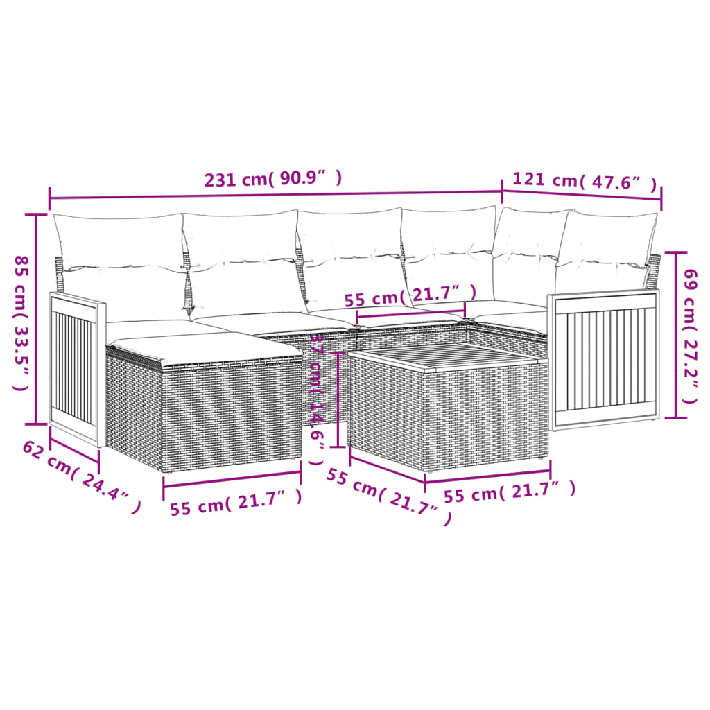 vidaXL 7-tlg. Garten-Sofagarnitur mit Kissen Schwarz Poly Rattan