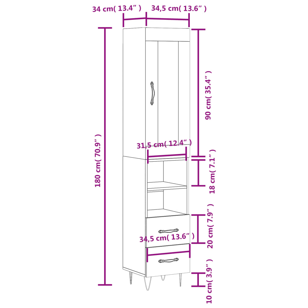 vidaXL Highboard Hochglanz-Weiß 34,5x34x180 cm Holzwerkstoff