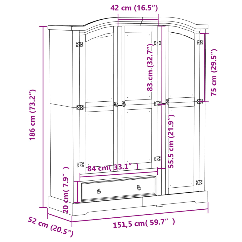 vidaXL Kleiderschrank Corona Weiß 151,5x52x186 cm Massivholz Kiefer