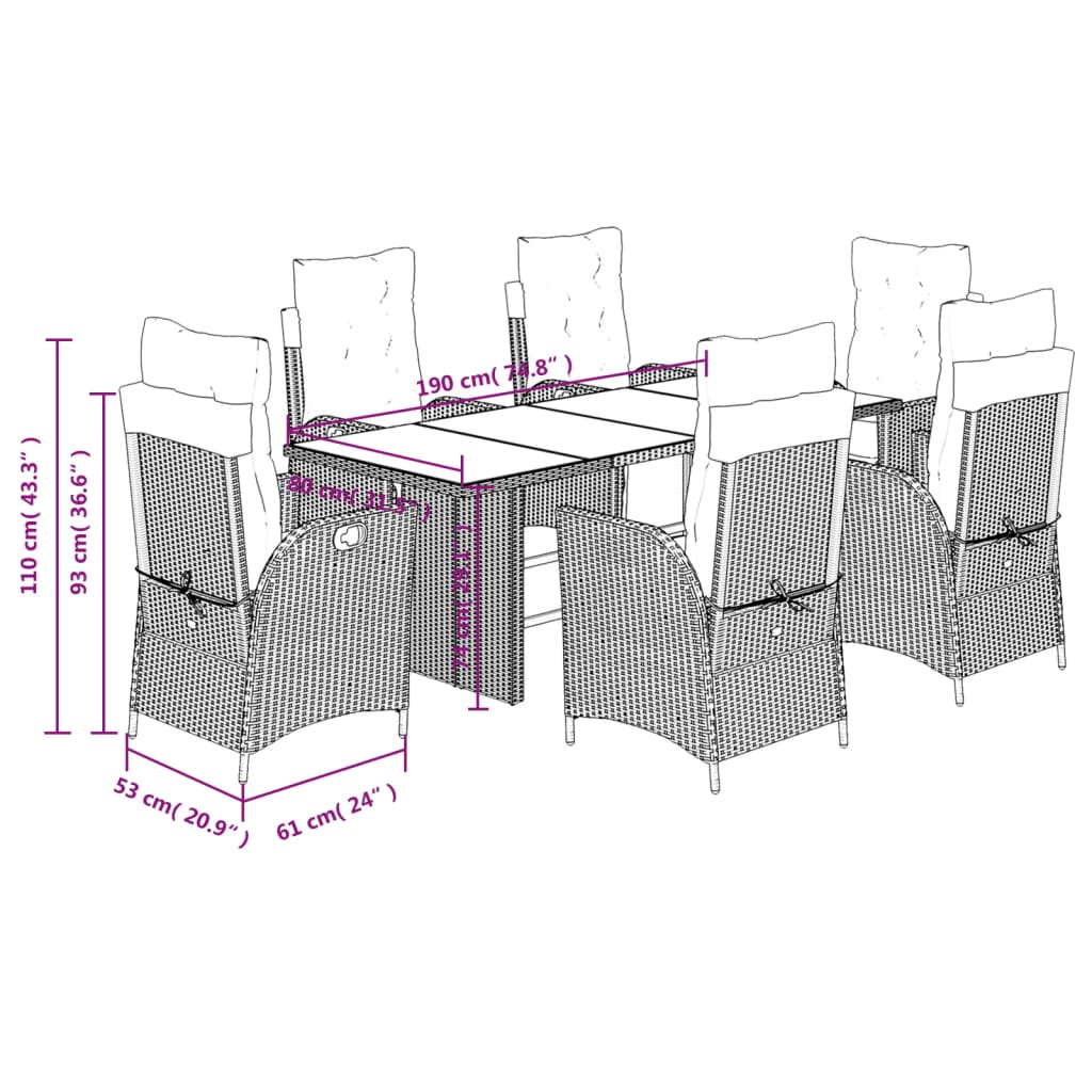 vidaXL 7-tlg. Garten-Essgruppe mit Kissen Braun Poly Rattan