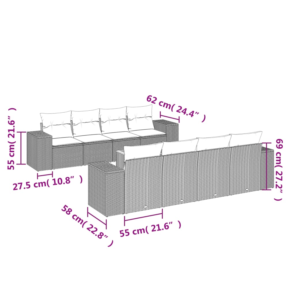 vidaXL 9-tlg. Garten-Sofagarnitur mit Kissen Beige Poly Rattan