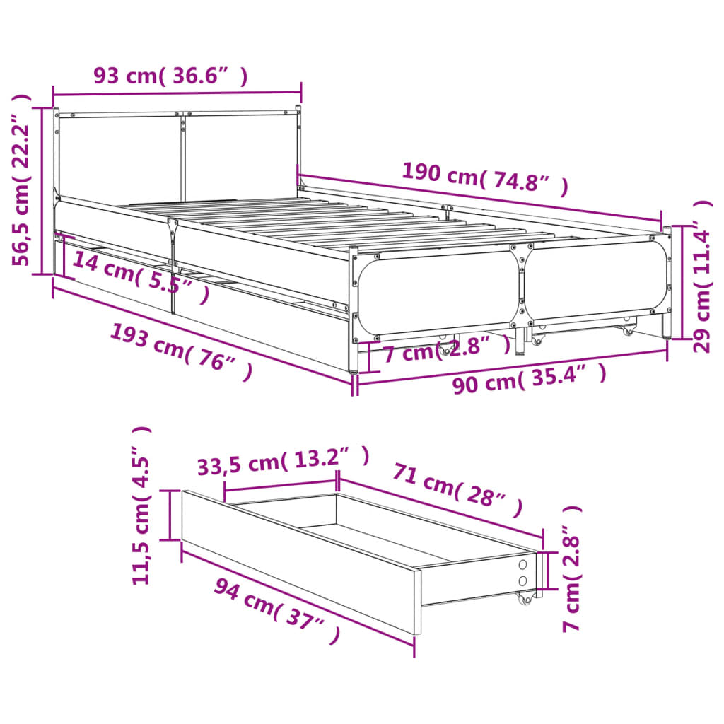 vidaXL Bettgestell mit Schubladen Schwarz 90x190 cm Holzwerkstoff