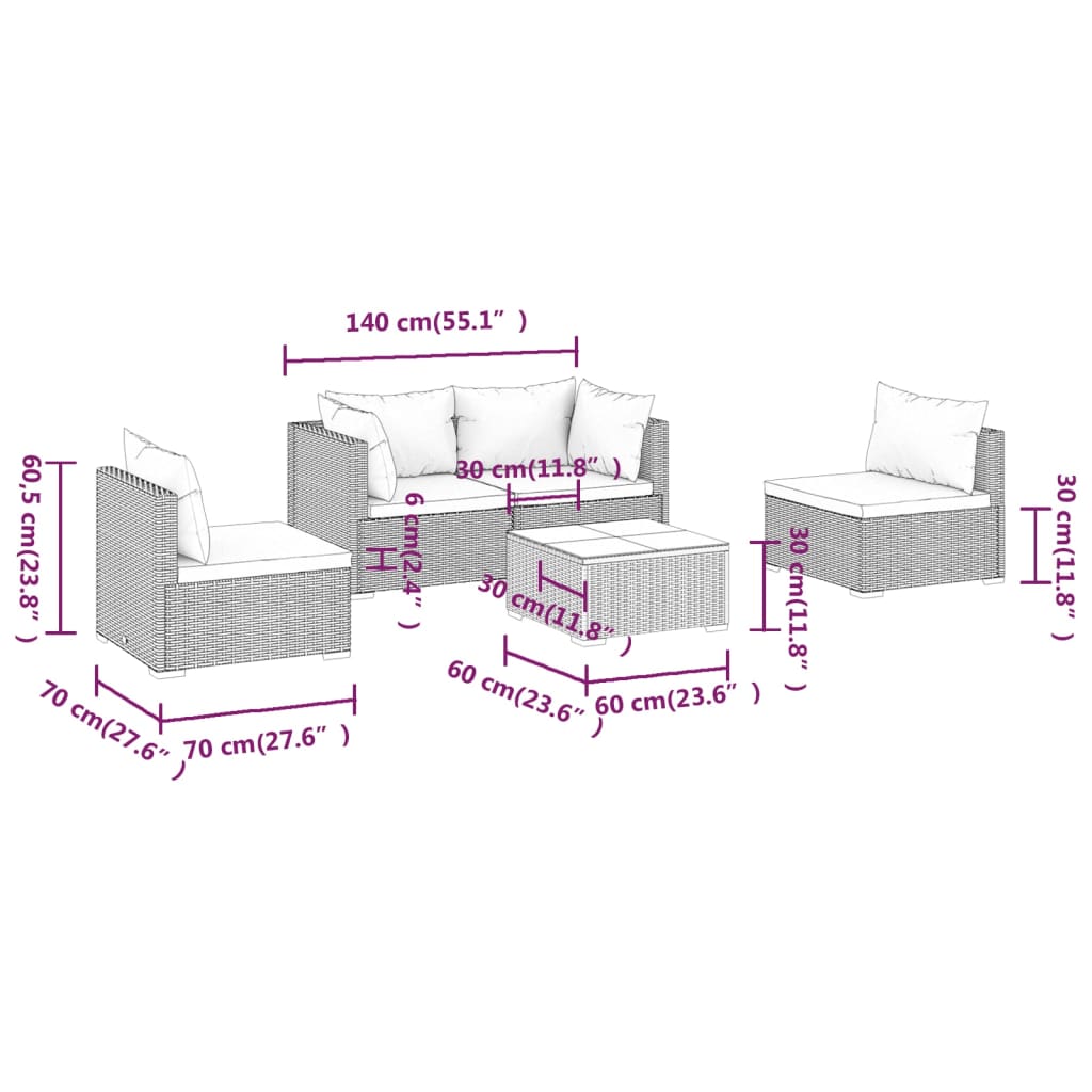 vidaXL 5-tlg. Garten-Lounge-Set mit Kissen Poly Rattan Grau