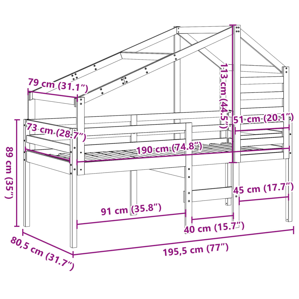 vidaXL Hochbett mit Dach Weiß 75x190 cm Massivholz Kiefer