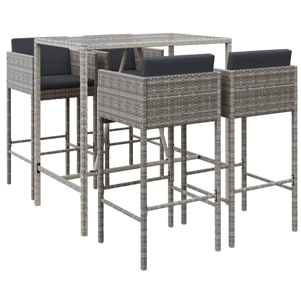 vidaXL 5-tlg. Gartenbar-Set mit Kissen Grau Poly Rattan