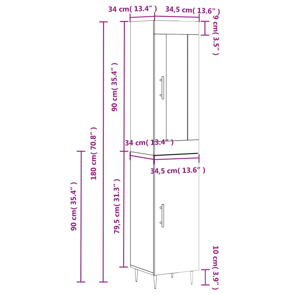 vidaXL Highboard Grau Sonoma 34,5x34x180 cm Holzwerkstoff