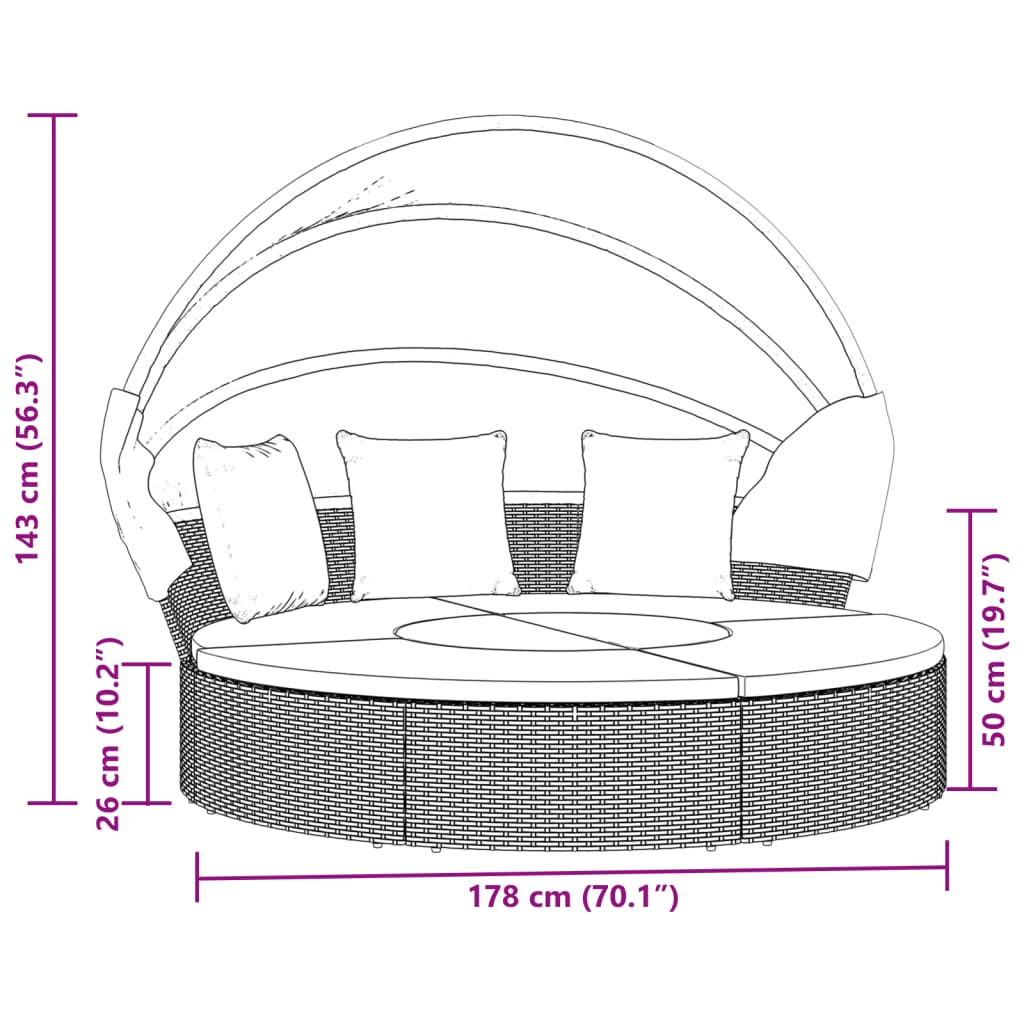 vidaXL Sonneninsel mit Dach und Kissen Braun Poly Rattan