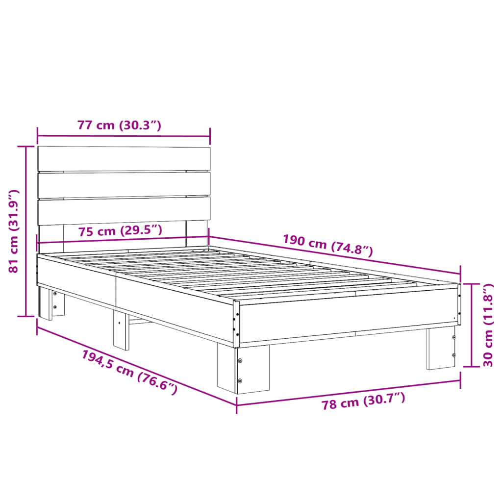 vidaXL Bettgestell Schwarz 75x190 cm Holzwerkstoff und Metall