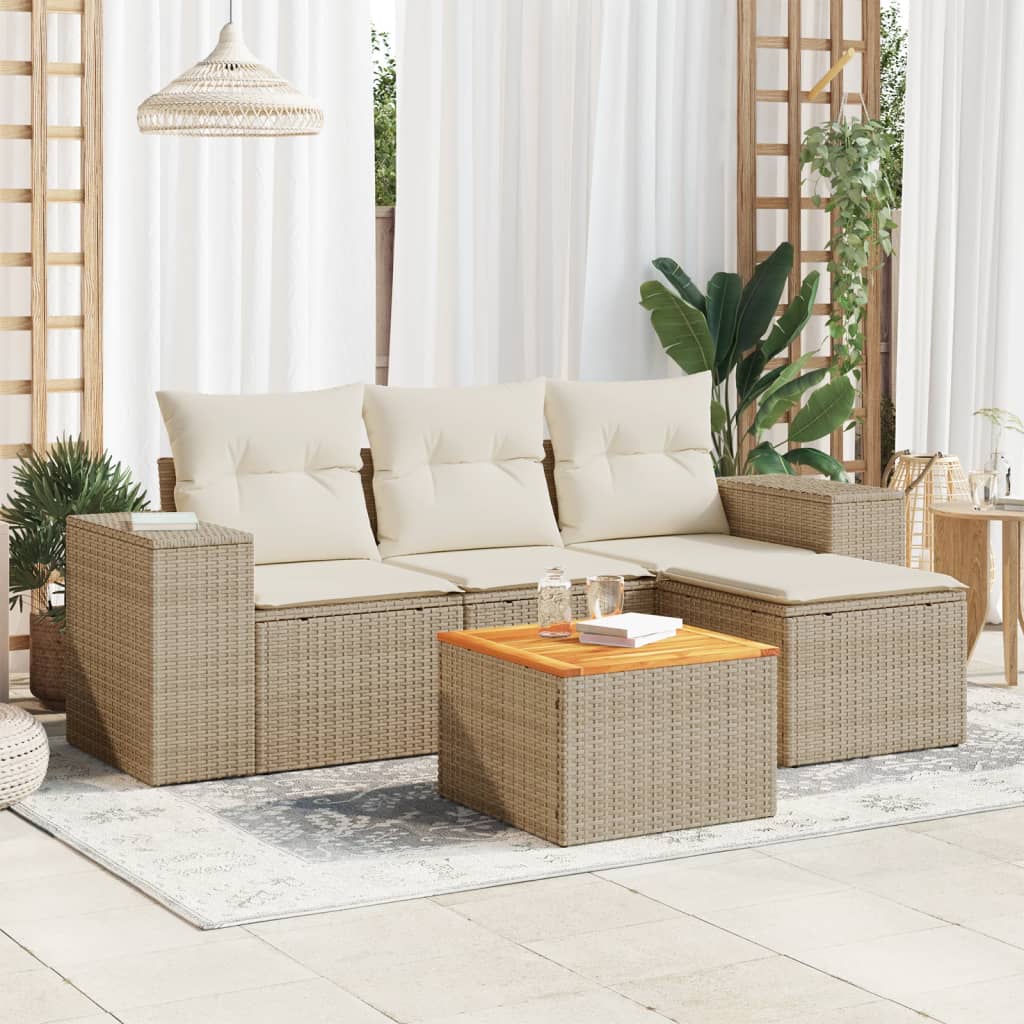 vidaXL 5-tlg. Garten-Sofagarnitur mit Kissen Beige Poly Rattan