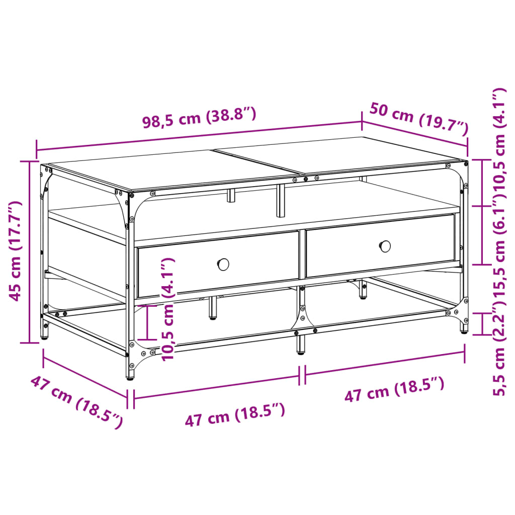 vidaXL Couchtisch mit Glasplatte Räuchereiche 98,5x50x45 cm Stahl