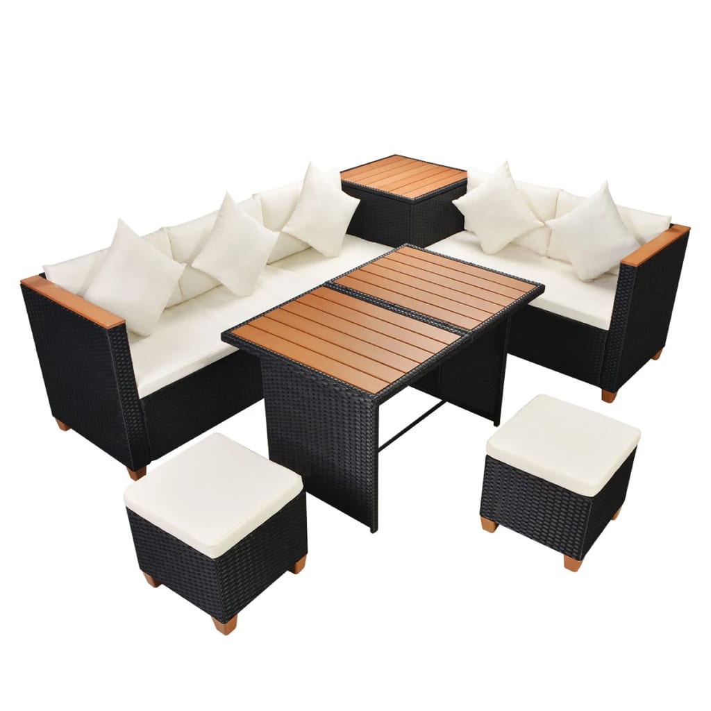 vidaXL 7-tlg. Garten-Lounge-Set mit Auflagen Poly Rattan Schwarz