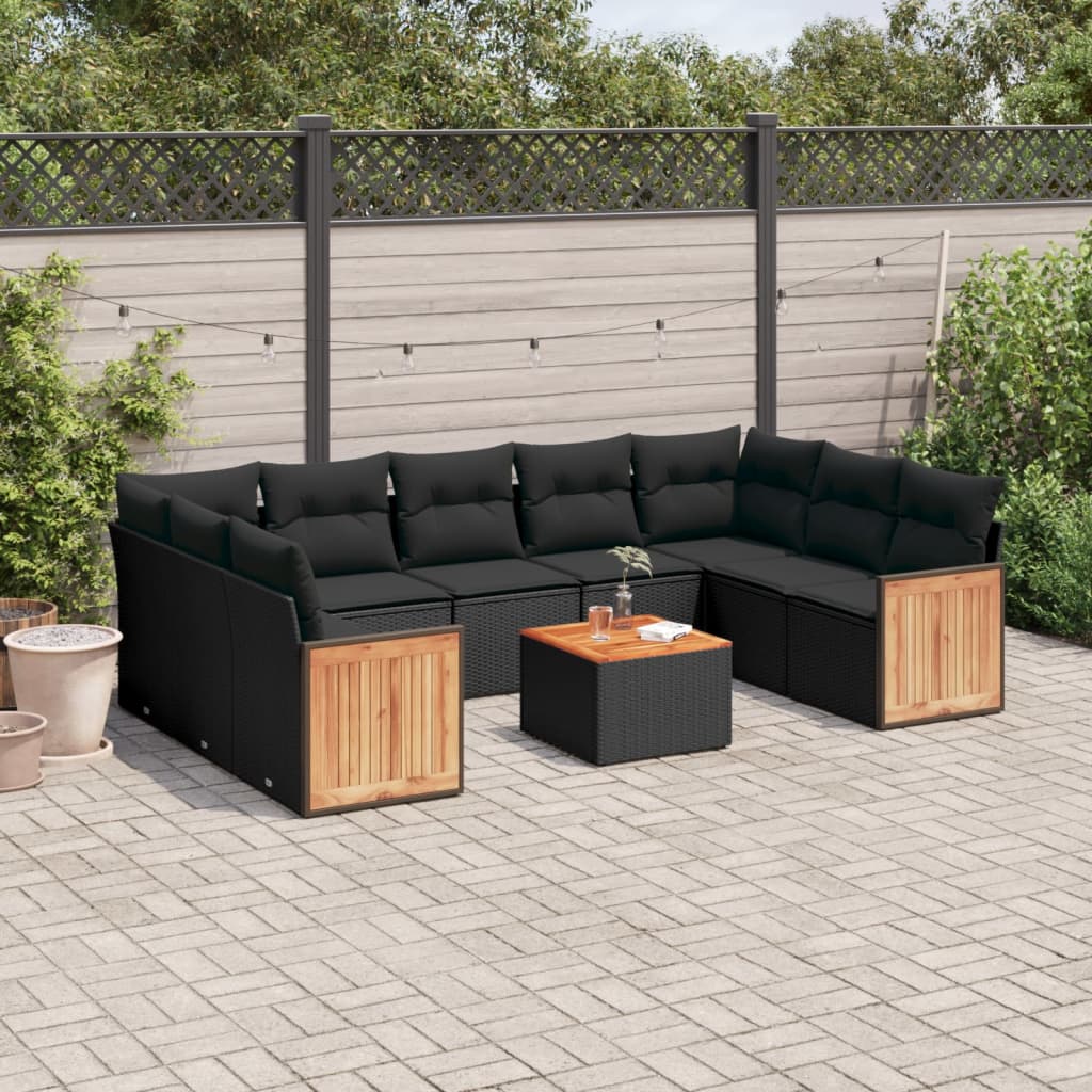 vidaXL 10-tlg. Garten-Sofagarnitur mit Kissen Schwarz Poly Rattan